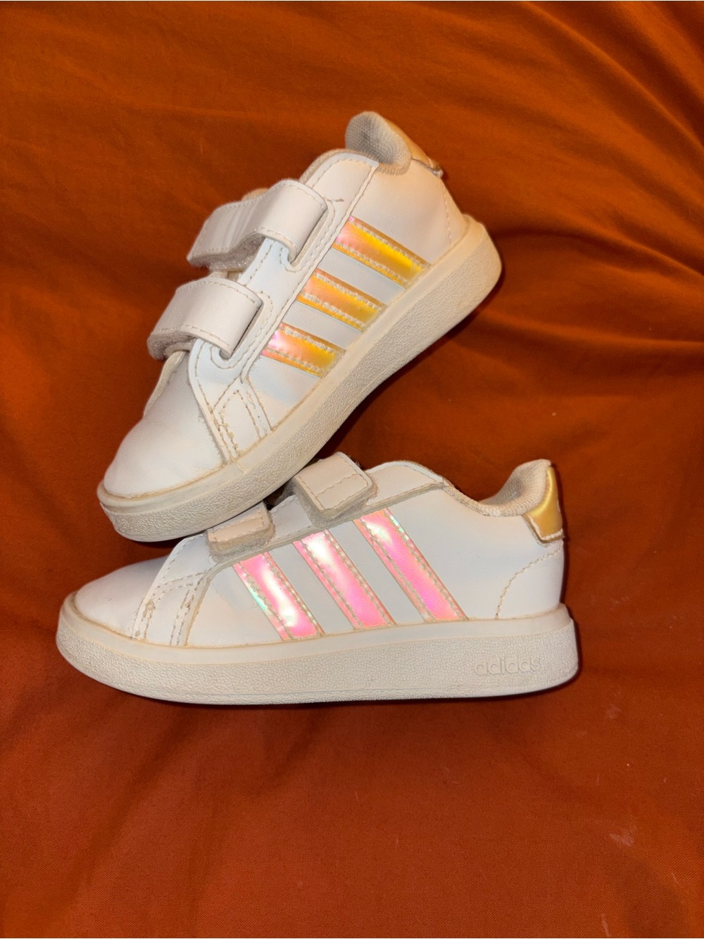 adidas Kids White Sneakers with Iridescent Pink Stripes